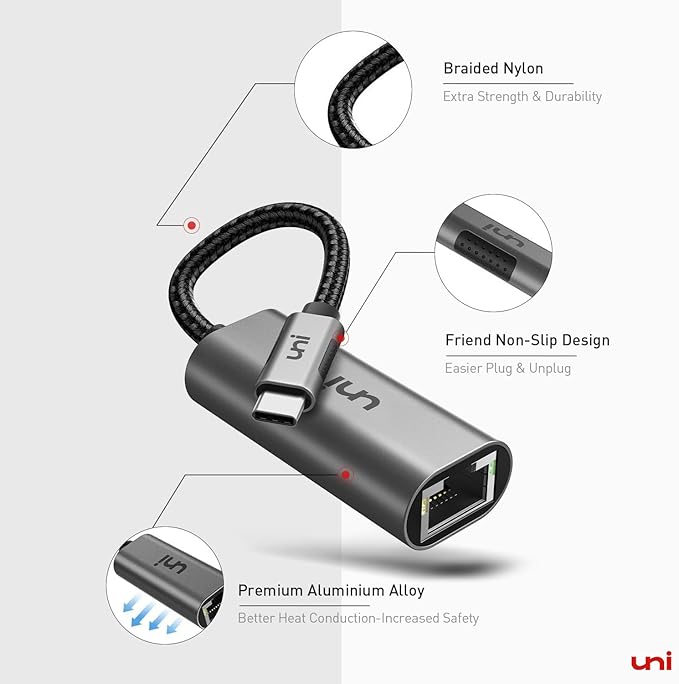 uni USB C to Ethernet Adapter, Driver Free RJ45 to USB C [Thunderbolt 3/4 Compatible], 1Gbps Type-C Gigabit Ethernet LAN Network Adapter for MacBook Pro/Air, iPhone 15 Pro/Max, Dell XPS, Galaxy S8-S24