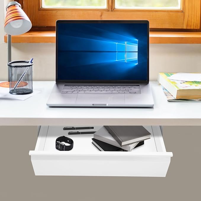 LEYSRIS 17.7" Under Desk Storage Drawer, White Sliding Pull-Out Drawer for Sit Stand Workstation