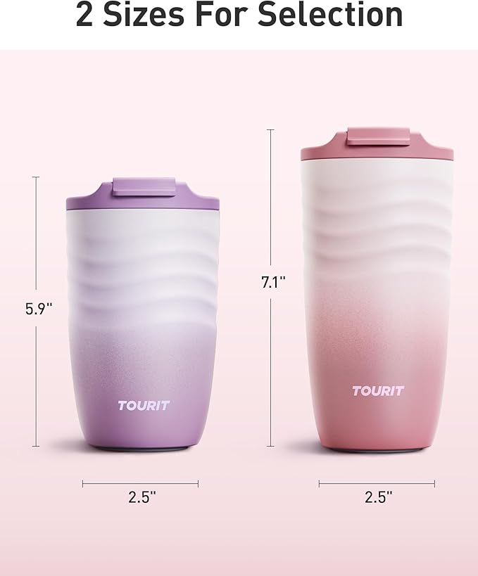 TOURIT 12 oz Travel Coffee Mug, Insulated Stainless Steel Travel Mug with Lid, Leak-Proof Double-Wall Vacuum Tumbler, Reusable Coffee Cup - Mist Purple