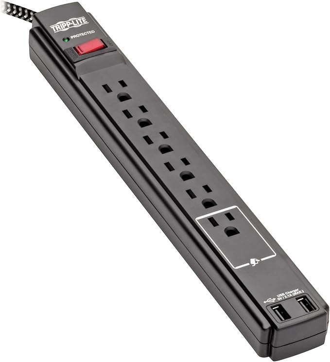 Tripp Lite Surge Protector Power Strip with USB, 6-Outlet & 2 USB Ports, Wall & Desk Mount, 10ft Braided Cord - 990 Joules, 1875 Watts Dollar 25,000 Insurance (TLP610BUAM)