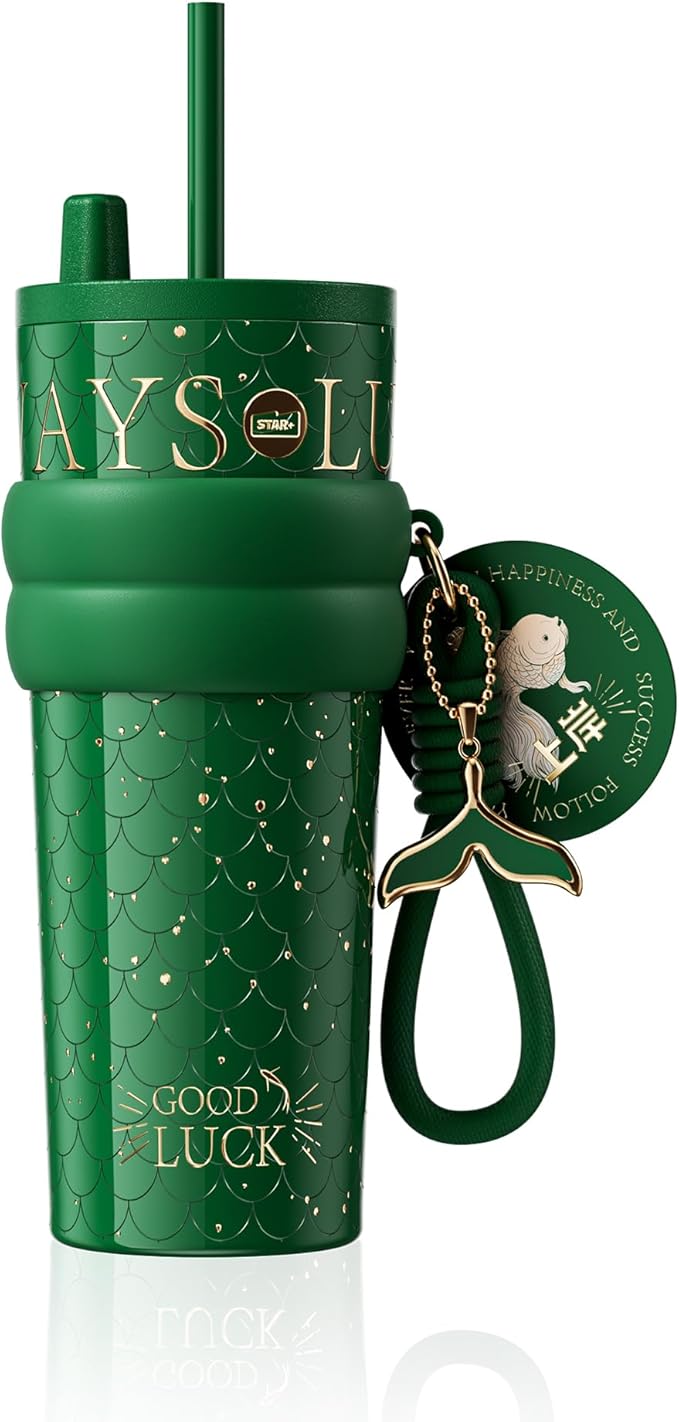 24 oz Tumbler with Lid and Straw, Insulated Coffee Mug Leak Proof, Portable Iced Travel Water Bottle, Reusable Thermal Coffee Cup, Gifts for Women, Emerald Green