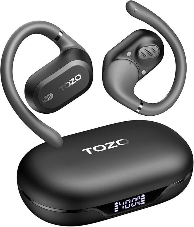 TOZO OpenWear Open Ear Headphones, Adjustable Ear Hooks, Ultra Comfort, Punchy Bass Bluetooth Headphones 5.4 with Smart Digital Display, Immersive Audio Earbuds, Fast Charging for Running, Office