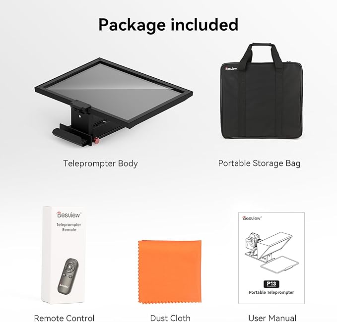 Desview P13 Teleprompter 13 Inch Aluminum Alloy with High Definition Glass, Compatible with iPad Tablet Phone DSLR, Portable No-Assembly Design for Video Recording