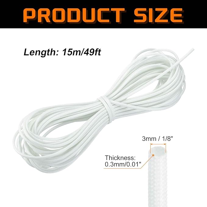 MECCANIXITY 49ft Braided Cable Sleeve, 1/8" ID 200C High Temperature 1500V Fiberglass Wire Insulation Cord Protector Organizer Wires Management for Motor Engine Fuel Line, White