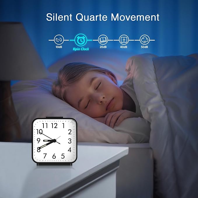 OQIMAX Analog Alarm Clocks, Non Ticking Table Clock with Luminous Hand & Large Display, Battery Powered Silent Bedside Alarm Clock with Snooze & Night Light Function, for Bedroom, Office