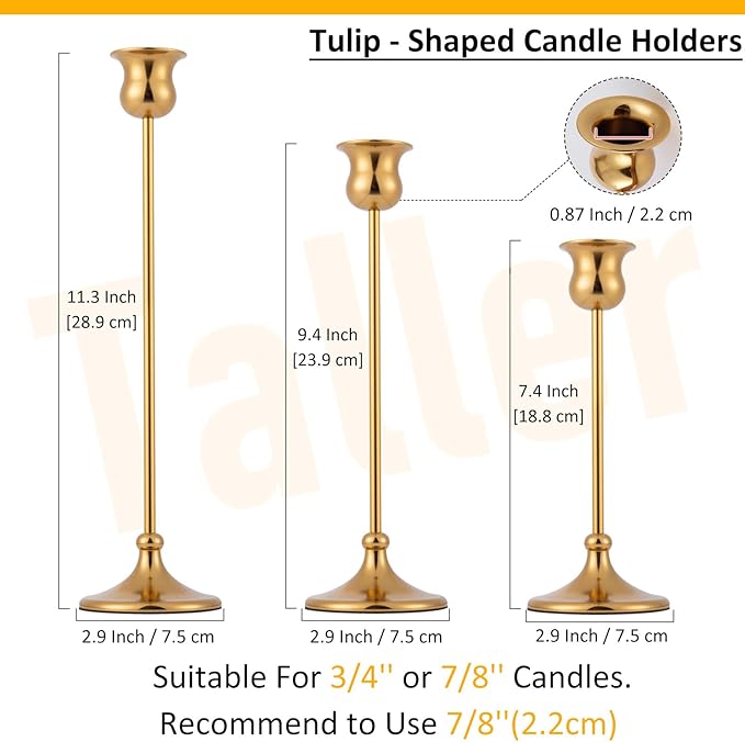 Taper Candle Holder Tall Vintage Metal Candlestick Holders Candle Stick Candelabra for Halloween Thanksgiving Christmas Holiday Wedding (Gold, 1 Set (3 pcs))