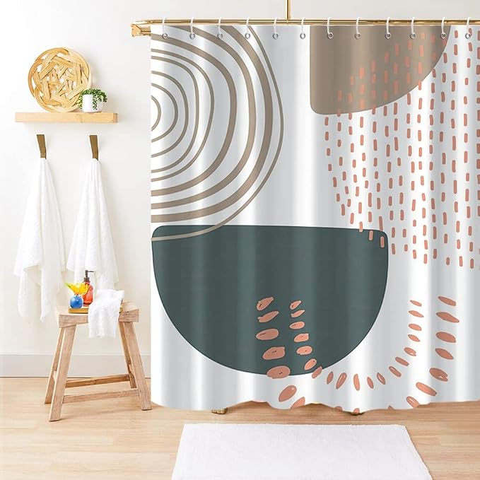 Boho Extra Long Shower Curtain, Mid Century Modern Abstract Minimalist Beige Neutral Machine Washable Waterproof Fabric for Bathroom Decor Bathtub with 12 Hooks 72Wx78H