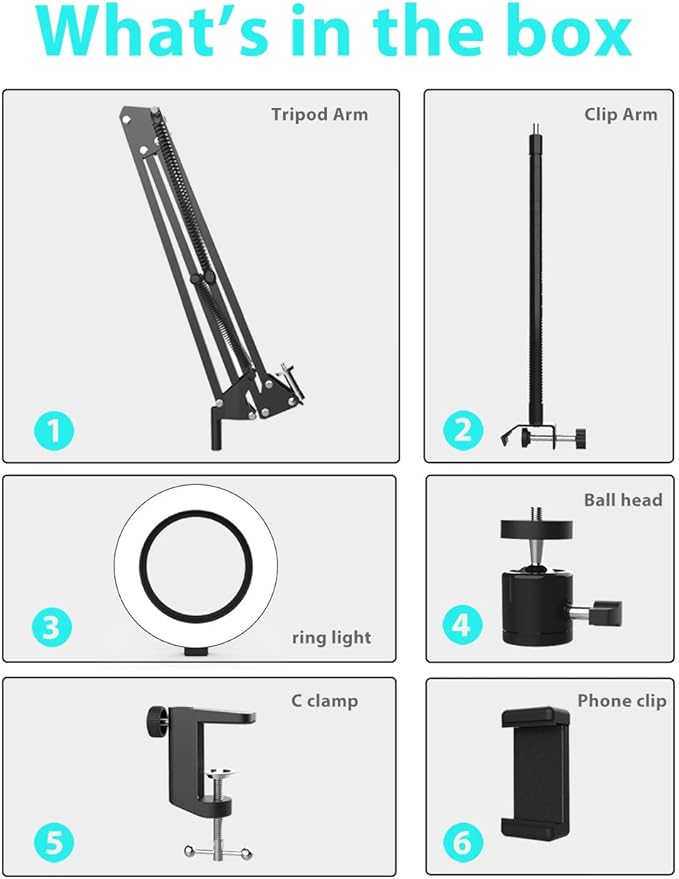 Overhead Camera Mount with Ring Light, Flexible Articulating Phone Arm Stand Compatible with iPhone, Logitech Webcam, Desk Tripod for YouTube Live Stream Cooking Nail Video Recording