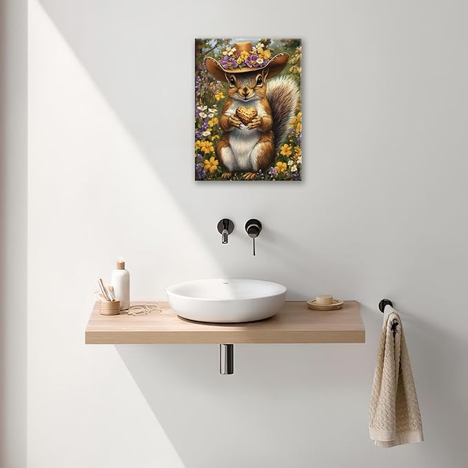 Western Squirrel Wall Art, Squirrel Peanut Pictures Wall Decor, Country Rustic Animal Canvas Prints, Forest Flower Painting, Framed Artwork for Bathroom Living Room Bedroom Dining Room 24"X20"
