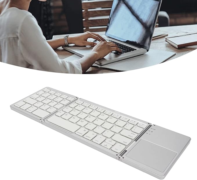 Wisoqu Foldable Keyboard with Touchpad, 3 Folding Wireless Keyboard 63 Keys 10m Connection USB Charging, for iOS for Laptop Tablet Smartphone (Silver White)