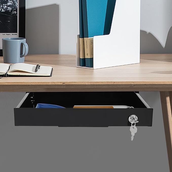 14.17" Under Desk Storage Drawer, Locking Design Black Sliding Pull-Out Drawer for Sit Stand Workstation