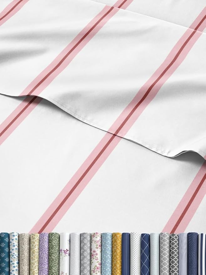 Striped Sheets - Red & White Striped Sheets - 1 Flat & 1 Fitted & 2 Pillowcases w/ Deep Pockets – Wrinkle & Fade Free - Ultra-Soft, Breathable & Cooling – Luxury Pinstripe Bedding - Queen Size Bed Set