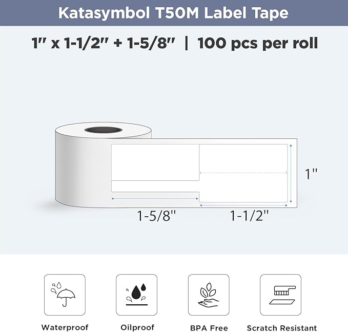 SUPVAN T50M Series Label Maker Tape, 0.98'' × 1.5'' + 1.58'' (25 × 38 + 40mm) 100 Labels/Roll Genuine Laminated Thermal Cable Label, Waterproof Oilproof Highly Auto Detect Labels, Black on White