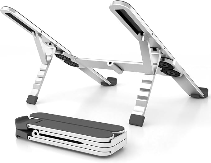 ZenRich Foldable Laptop Stand – Ergonomic Aluminum Riser with 6 Adjustable Heights, Compatible with MacBook, Dell, Asus, HP, Lenovo, Samsung, Razer, MSI (Up to 15.6''), Silver/Black