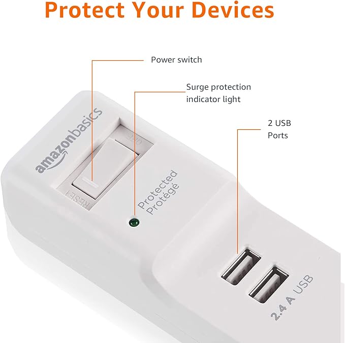 Amazon Basics Power Strip Surge Protector with 6 Outlets,2 USB Ports,1000 Joule Protection,6 Foot Extension Cord,Rectangle,White,(Pack of 6)