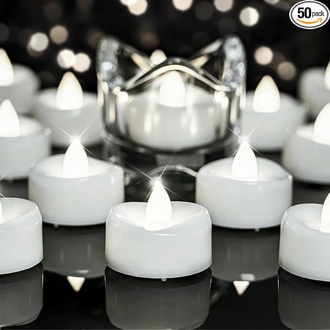 LED Candles, Tea Lights Candle Battery Operated, 50-Pack 200+Hours Flameless Tealight Candle, Realistic Tea Lights for Halloween Christmas Wedding, Pure White Light
