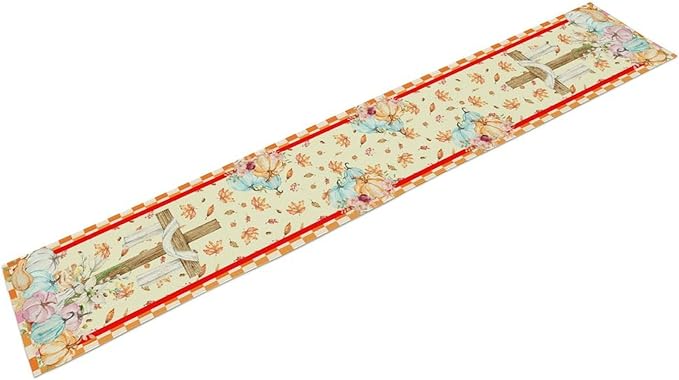 Watercolor Pumpkin Table Runner Fall Flowers Falling Leaves Cross Harvest Season Thanksgiving Rustic Home Decor for Farmhouse Indoor Outdoor Party Holiday Dining Kitchen Restaurant Cafe W13xL36in