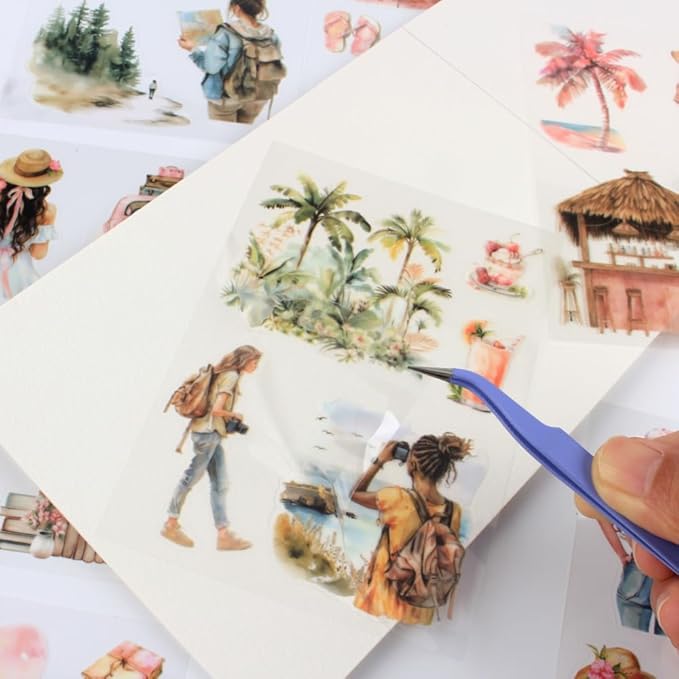 Dwpetzo Summer Beach Pre-Cut Journal Sticker Book for Junk Journaling, Transparent PET Landscape Stickers for Scrapbook Supplies, Scrapbooking, Collage, Planners, Bujo, 20 Sheets