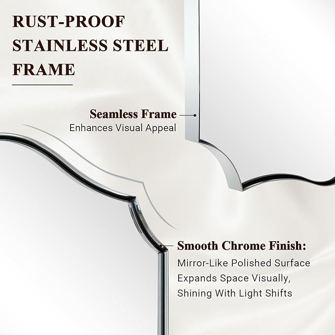 ANDY STAR Chrome Bathroom Mirror, 22x30 Inch Polished Nickel Vanity Mirror, Modern Scalloped Mirror for Bathroom with Anti-Rust Stainless Steel Frame, Hangs Vertical or Horizontal