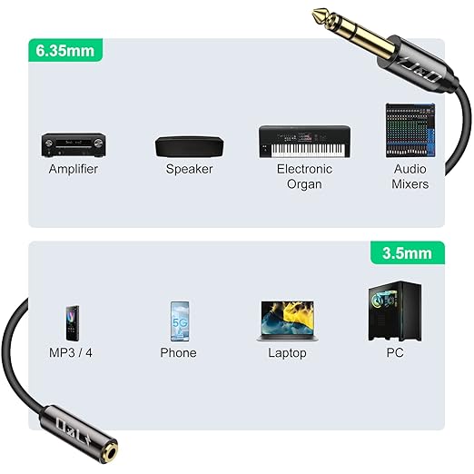 J&D 1/4 inch to 3.5mm Headphone Adapter, Gold Plated 3.5mm 1/8 inch Female TRS to 6.35mm 1/4 inch Male TRS Stereo Audio Cable for Guitar Amp, Amplifiers,Headphones Extension Cable, 6 Feet