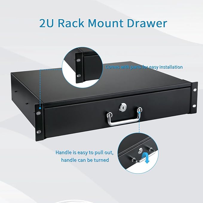 2U Rack Drawer, Designed for 19-inch Network Equipment, Servers or Cabinet Enclosures. Sliding and Lockable Server Rack Drawer Features Cable Management Holes