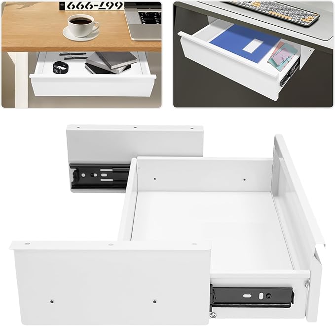 FFanhia 16 Inches Under Desk Mounted Sliding Pull-out Drawer Under Desk Storage Drawer for Sit Stand Workstation Office Desk(Applicable Table Thickness: 0.79in) White