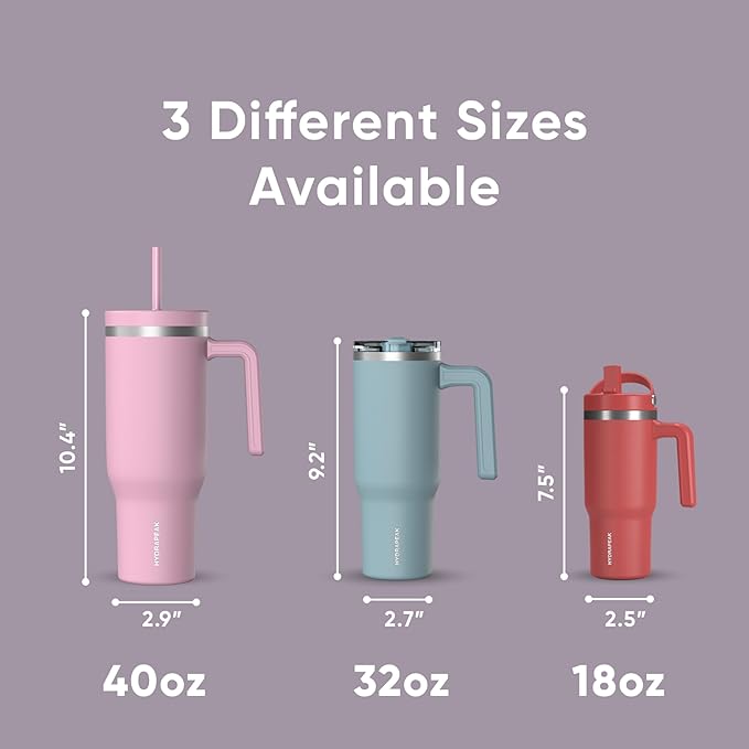 Hydrapeak Voyager 40 Oz Stainless Steel Tumbler with Handle, Insulated Water Bottle With Straw & Lid, Cupholder Friendly Reusable Travel Mug (Blush)