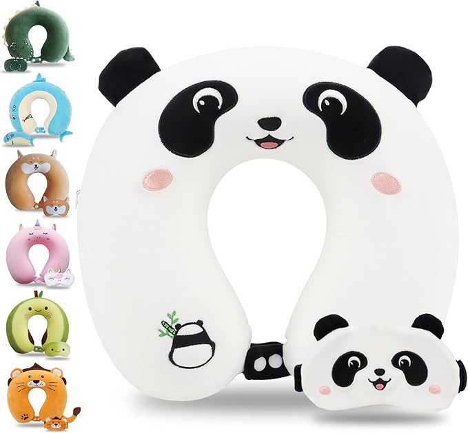 Sexysamba Cartoon Headrest & Neck Pillow for Kids Boys & Girls, Teens, Travel Accessories for Airplane, Car, Recline, Memory Foam Cute Travel Pillow with Sleep Eye Mask - Panda