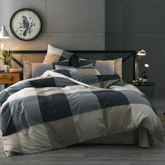 Queen Comforter Set Fluffy Plaid Checkered Pattern Comforter Set Modern Style Geometric Comforter with 2 Pillow Shams Grid Plaid Bedding Comforter for Boys Men All Season Queen Size Bed Comforter Set