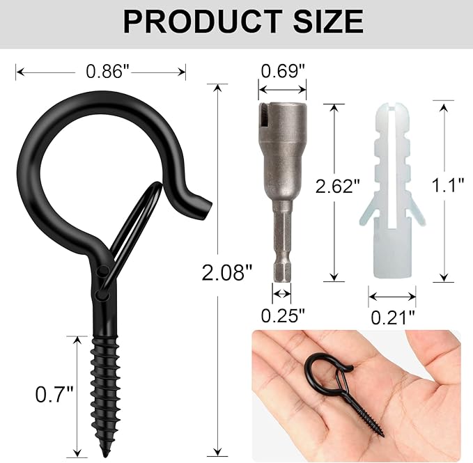 50 Pack Screw-in Hooks for Outdoor String Lights, Q Hangers Light Outside, Swivel Hanging Basket Patio with Safe Buckle Screw in Planter Eye Hook Wall Ceiling, Black