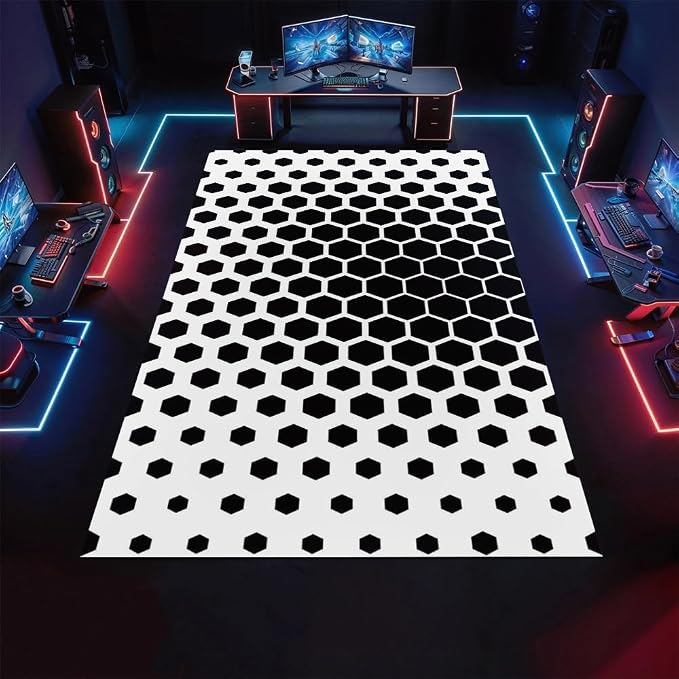 Modern Geometric Area Rugs, Black White Honeycomb Carpet, Washable Non Slip Low Pile Soft Rug for Living Room Bedroom Decor Mat 6x9ft