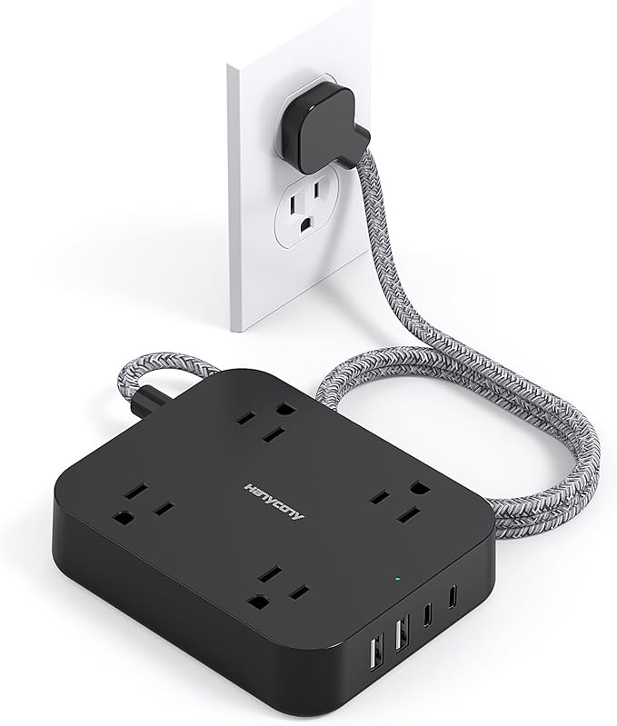 Black Flat Plug Extension Cord, HANYCONY 5ft Power Strip with 4 USB Ports(2 USB C), 4 Widely Outlets Extender, Wall Mount, Desk Charging Station for Office, School, Travel and Dorm Room Essentials