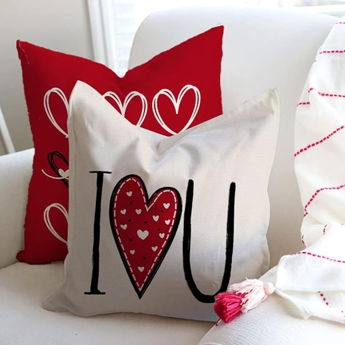 GEEORY Valentines Day Pillow Covers 16x16 Set of 4 Love Heart Valentines Day Throw Pillows Decorative Cushion Cases Valentine Decorations