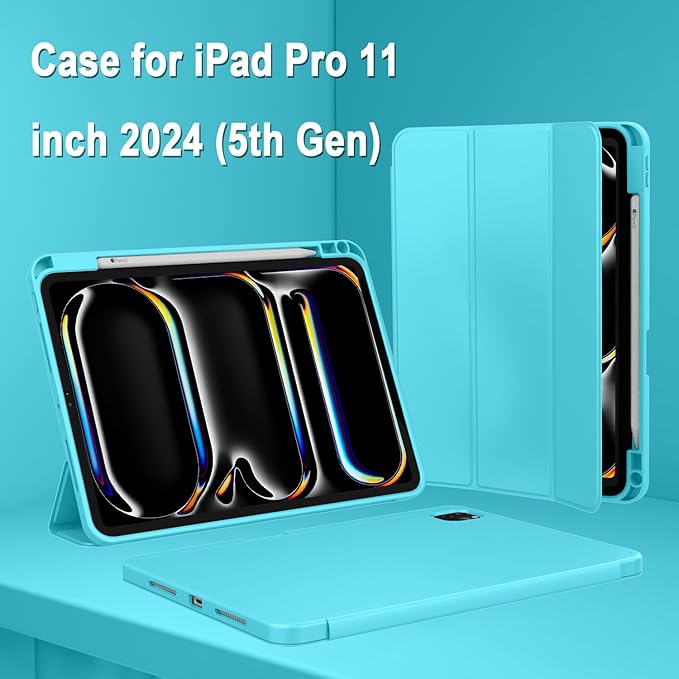 ZryXal iPad Pro 11 Inch Case (M5) 2025/ (M4) 2024 (Model: A2836/A2837/A3006), Trifold Stand Smart Cover with Pencil Holder and Soft TPU Back, Auto Wake/Sleep (Cyan)