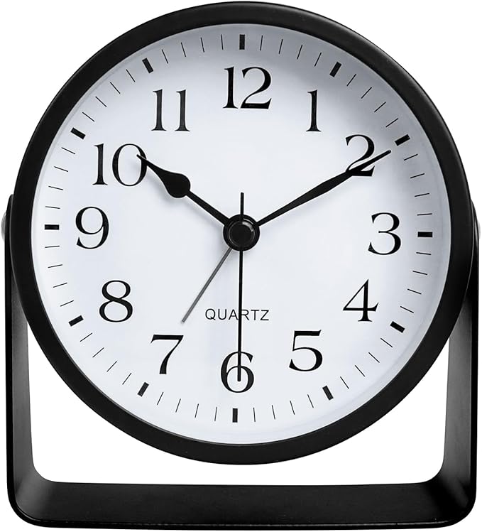SCOAGE Small Luminous Desk Analog Alarm Clock Metal Bracket 360° Rotating Shelf Clock with Light Battery Powered Bedside Silent Cute Alarm Clock for Heavy Sleepers Elderly and Children Office Bathroom
