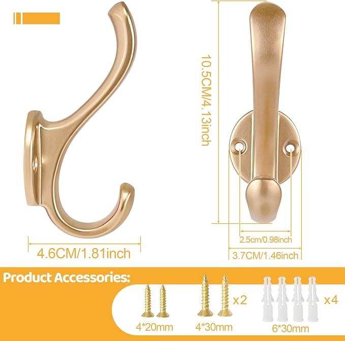 10 Pack Coat Hooks Wall Mount Heavy Duty Utility Retro Double Hooks for Hanging Coats,Hat, Towel, Key, Robe, Scarf, Bag, Cap (Gold)