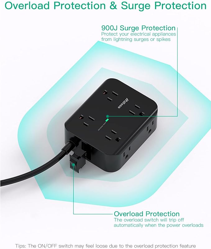 Extension Cord 10 FT, Flat Plug Power Strip Surge Protector with 8 Wide Outlets 4 USB Ports, 3-Side Outlet Extender, Mounted, Overload Protection, for Indoor Home Office, Dorm Room Essentials