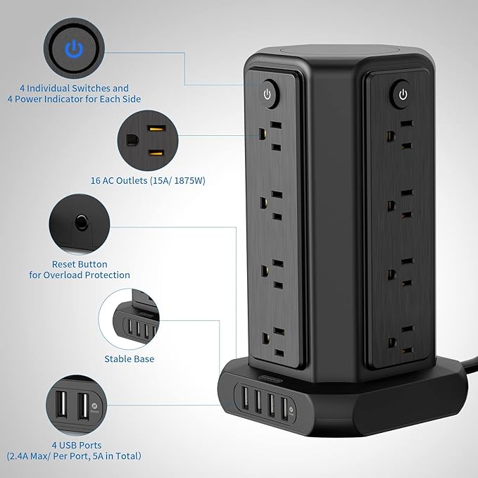 Surge Protector Power Strip Tower with USB Ports, 15 FT Extension Cord Tower with 16 Widely Spaced Outlets 4 USB Ports, 1080 Joules, Overload Protection, Flat Plug Power Strip for Home, Office, Black