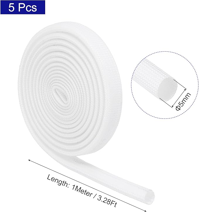 MECCANIXITY 5Pcs Wire Insulation Braid Fire Sleeve,3.28Ft-5mm ID White, High Temp Silicone Coated Fiberglass Sleeving for Automotive Hose Lines Electrical Wiring