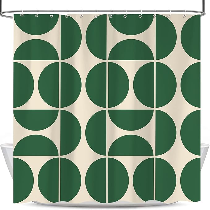 Green Mid Century Modern Shower Curtain, Boho Abstract Geometric Retro Art Bath Curtains for Bathroom, Colorful Unique Pattern Waterproof Polyester Fabric Bathroom Set 12 Hooks 60X72IN