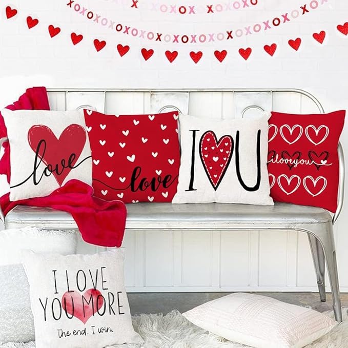 GEEORY Valentines Day Pillow Covers 16x16 Set of 4 Love Heart Valentines Day Throw Pillows Decorative Cushion Cases Valentine Decorations
