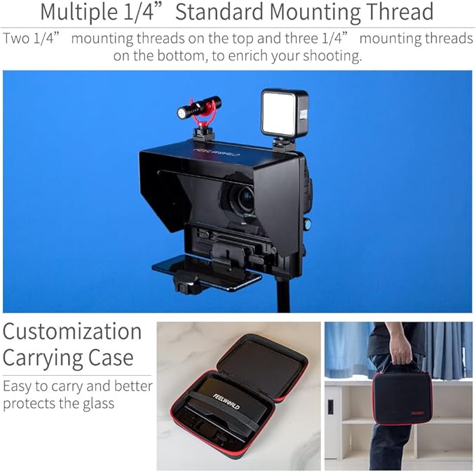 FEELWORLD TP10 10" Portable Foldable Teleprompter for Up to 11" Smartphone Tablet Prompter Phone DSLR Camera Video Record for Live Stream Interview Speech with Remote Control