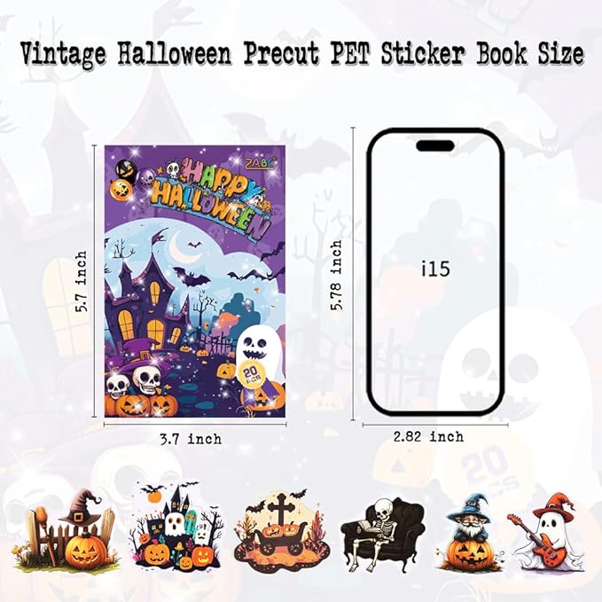 Dwpetzo Transparent Halloween Scrapbook Stickers Book, 20 Sheets Diecut PET Stickers for Journaling, Purple Vintage Spooky Theme for Scrapbooking, Junk Journal Supplies, Planner, Bujo, Crafts Arts