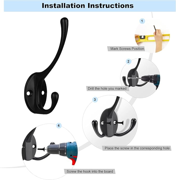 Kruodop 10Pcs Coat Hooks Wall Hooks for Hanging Heavy Duty, Wall Mounted Black Towel Hooks, Metal Single Coat Hanger with Screws Cup Retro for Coats, Handbags, Towels