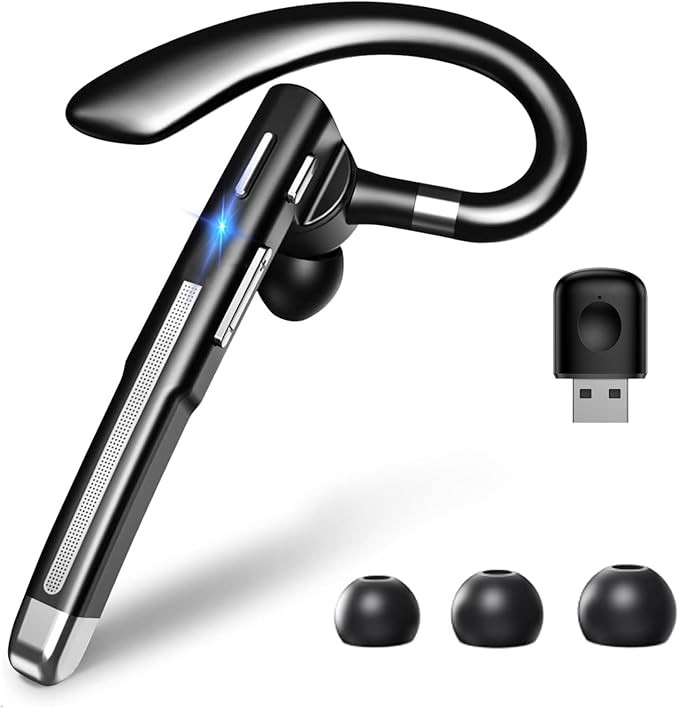 Boytond Bluetooth V6.1,Single-Ear Wireless Headset with USB Dongle, 10H Talk Time and 4H Playtime via USB, Dual-Mic Noise Canceling Earpiece for Computer/Cell Phones, Driving Headset for Trucker Work