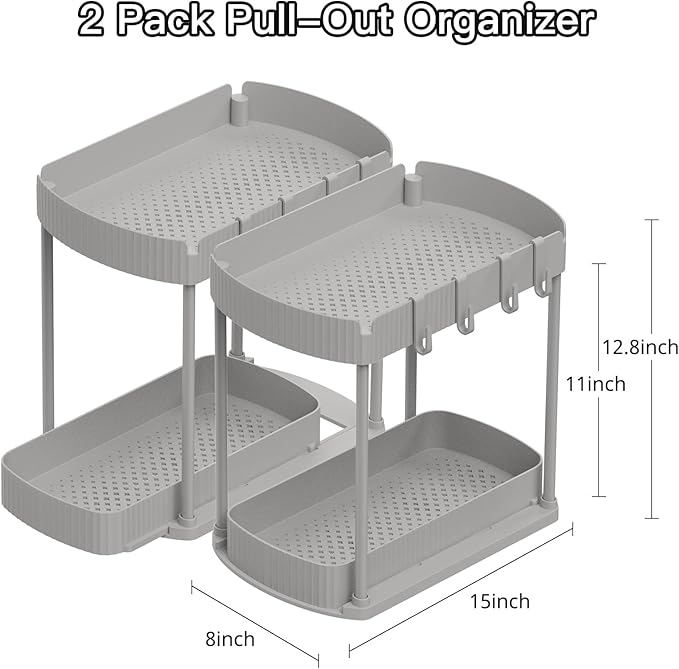 2 Pack Multi-Purpose Pull-Out Storage Organizers, Under Sink Organizers and Storage for Bathroom & Kitchen, Under Cabinet Organizers and storage, 12.8 Inch, Grey