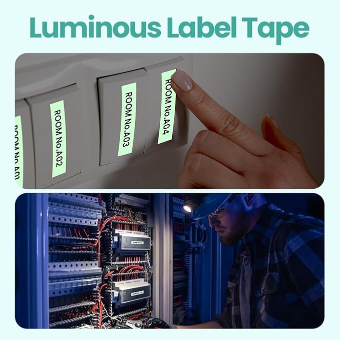 Phomemo D30 Luminous Label Tape, Black on Glow-in-The-Dark Labels, Strong Adhesion Self-Adhesive Standard Label Tape, Indoor Use, 14mm x 40mm (0.55x1.57) 120 Labels/Roll, 3-Roll