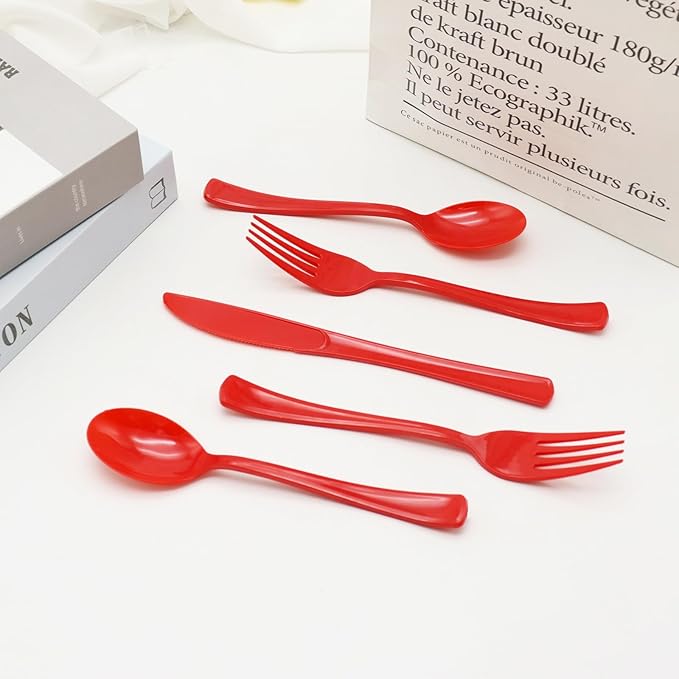 300 Pcs Red Plastic Silverware, Red Plastic Utensils, Disposable Cutlery Heavy Duty, 100 Forks, 100 Spoons, 100 Knives for Birthday, BBQ, Christmas