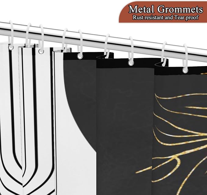 Mid Century Boho Shower Curtain, Abstract Modern Sun Minimalist Aesthetic Shower Curtain, Bohemian Geometric Arch Curve Leaves Neutral Art Fabric Bathroom Curtains Black 36x72 inch
