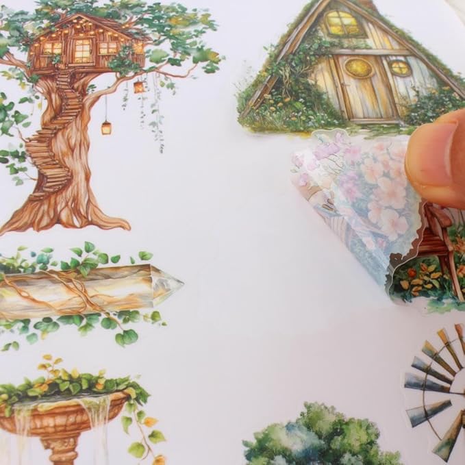 Dwpetzo Spring Cottage Scenery Scrapbook Stickers, 20 Sheets A5 Pre-Cut PET Washi Stickers Book for Journaling, Junk Journal Supplies, Bujo, Collage, Crafts Arts